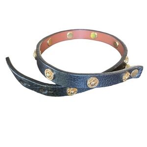 Stella & Dot women’s black leather wrap bracelet with gold logos on band